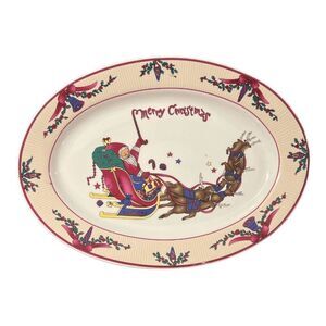 Ceramic Christmas Oval Platter, 14 x 10 inches, Santa with Sleigh and Reindeer D